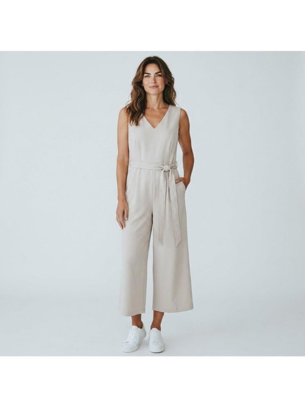 Calvin Klein Jumpsuit Womens 14 Beige V Neck Belted Wide Leg Cropped Capsule
